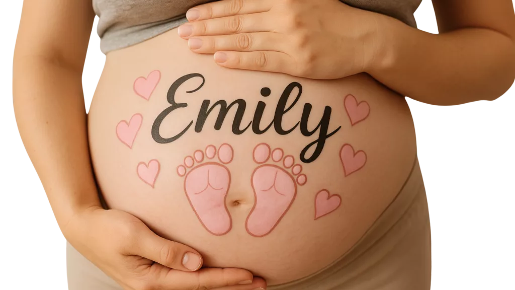 Babybauch bemalen ist eine wunderschöne Möglichkeit, die Schwangerschaft und den schönen Moment zu zelebrieren - hier ist ein bemalter Bauch mit dem Namen und den Babyfüßen