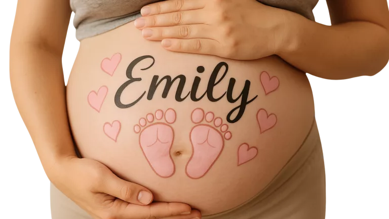 Babybauch bemalen ist eine wunderschöne Möglichkeit, die Schwangerschaft und den schönen Moment zu zelebrieren - hier ist ein bemalter Bauch mit dem Namen und den Babyfüßen