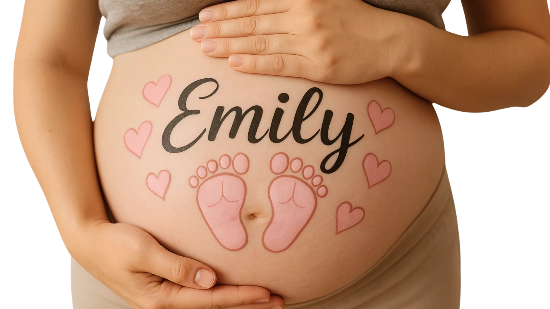Babybauch bemalen ist eine wunderschöne Möglichkeit, die Schwangerschaft und den schönen Moment zu zelebrieren - hier ist ein bemalter Bauch mit dem Namen und den Babyfüßen
